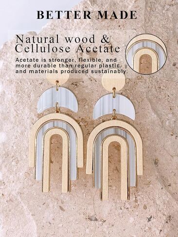 Ozel - Natural Wooden Acrylic Boho Drop Dangle Earrings for Women - Geometric Statement Jewellery - Brown, Black, Magent Red, Olive Green, White beige in Kuwait