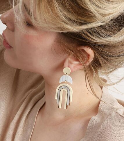 Ozel - Natural Wooden Acrylic Boho Drop Dangle Earrings for Women - Geometric Statement Jewellery - Brown, Black, Magent Red, Olive Green, White beige in Kuwait