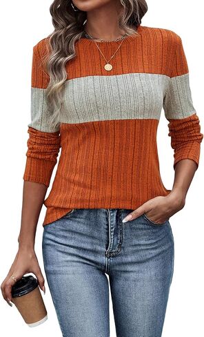 Women's Color Block Long Sleeve Crewneck T Shirts Ribbed Knit Tees Tops Fall Fitted T Shirt in Saudi Arabia