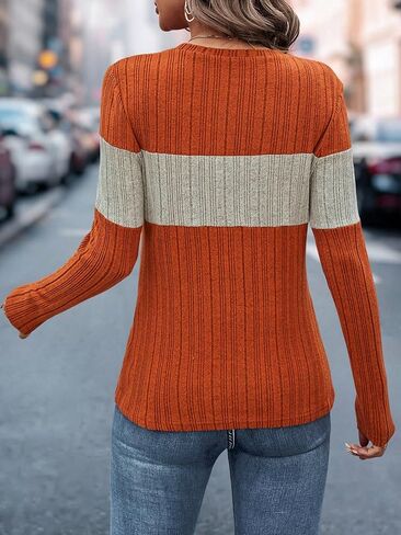 Women's Color Block Long Sleeve Crewneck T Shirts Ribbed Knit Tees Tops Fall Fitted T Shirt in Saudi Arabia