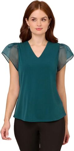 Adrianna Papell Women's V-Neck Knit Top with Organza Flutter Sleeves in Saudi Arabia