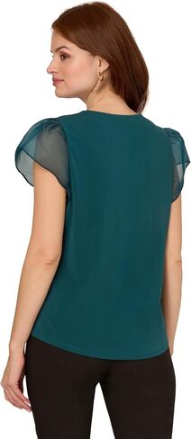 Adrianna Papell Women's V-Neck Knit Top with Organza Flutter Sleeves in Saudi Arabia