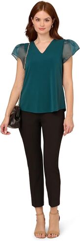 Adrianna Papell Women's V-Neck Knit Top with Organza Flutter Sleeves in Saudi Arabia
