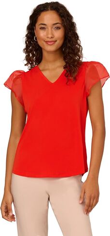 Adrianna Papell Women's V-Neck Knit Top with Organza Flutter Sleeves in Saudi Arabia