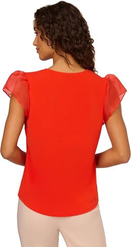 Adrianna Papell Women's V-Neck Knit Top with Organza Flutter Sleeves in Saudi Arabia