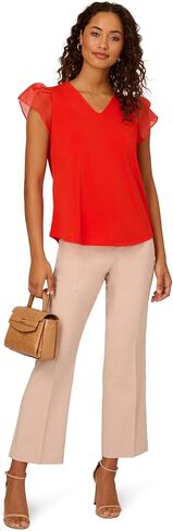 Adrianna Papell Women's V-Neck Knit Top with Organza Flutter Sleeves in Saudi Arabia