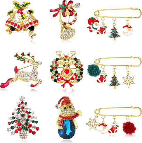 Kakonia 9Pcs CZ Christmas Brooch Pin Set for Women Men Reindeer Snowman Santa Brooch Pin in Kuwait