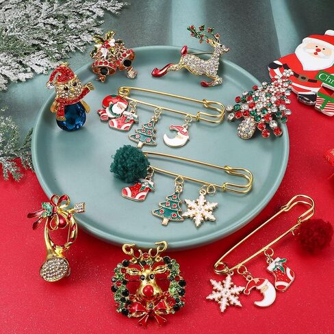 Kakonia 9Pcs CZ Christmas Brooch Pin Set for Women Men Reindeer Snowman Santa Brooch Pin in Kuwait