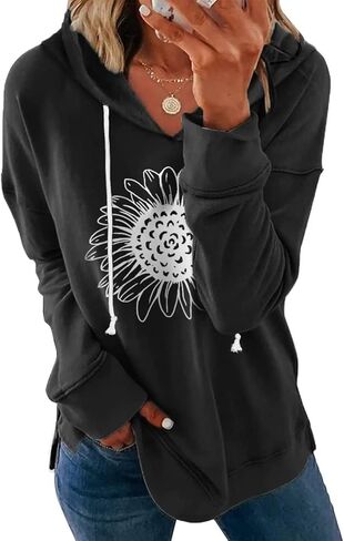 سترة نسائية بغطاء للرأس برسومات عباد الشمس وأكمام طويلة، بلوفر برباط، سترة فضفاضة مناسبة in Kuwait