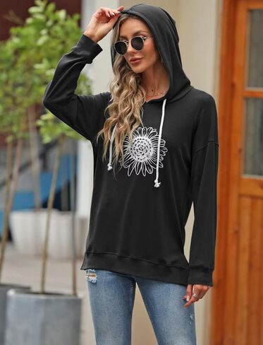 سترة نسائية بغطاء للرأس برسومات عباد الشمس وأكمام طويلة، بلوفر برباط، سترة فضفاضة مناسبة in Kuwait