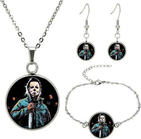 Twin Six Michael Myrs 3pcs Horror Halloween Necklace Earring Bracelet Set, Cosplay Pendant Keyring, Gifts for Women, Men, Girls, Boys in Kuwait