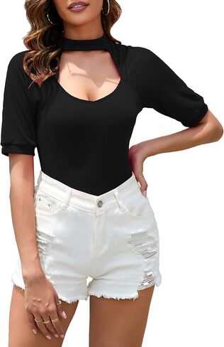 MACNOORA إمرأة الخامس الرقبة قطع تونك القمم قصيرة الأكمام الصيف تي شيرت مثير المختنق بلوزة تي شيرت in Kuwait