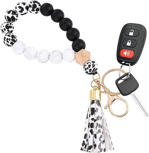 WLLHYF Silicone Key Ring Bracelet Wristlet Keychains Beaded Bangle Bracelet for Women Beaded Keychain with Leather Tassel Portable Phone Car Keys Decor in Saudi Arabia