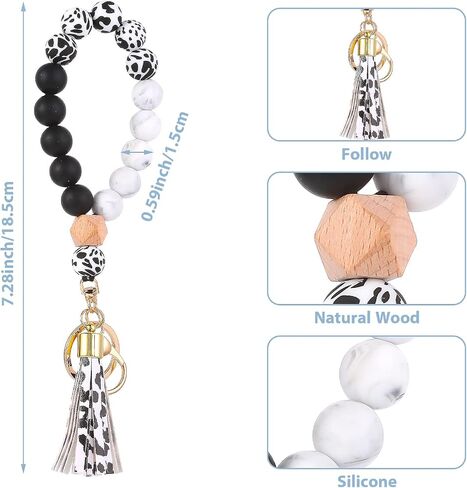 WLLHYF Silicone Key Ring Bracelet Wristlet Keychains Beaded Bangle Bracelet for Women Beaded Keychain with Leather Tassel Portable Phone Car Keys Decor in Saudi Arabia