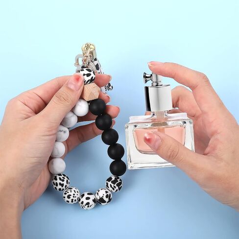 WLLHYF Silicone Key Ring Bracelet Wristlet Keychains Beaded Bangle Bracelet for Women Beaded Keychain with Leather Tassel Portable Phone Car Keys Decor in Saudi Arabia