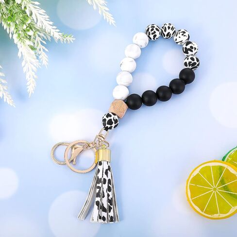 WLLHYF Silicone Key Ring Bracelet Wristlet Keychains Beaded Bangle Bracelet for Women Beaded Keychain with Leather Tassel Portable Phone Car Keys Decor in Saudi Arabia