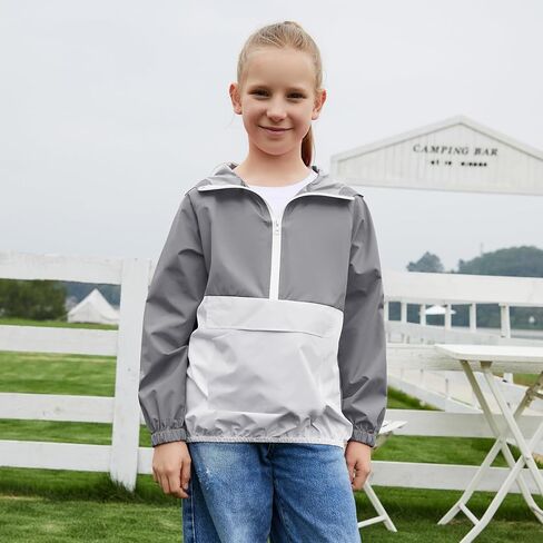 MODAFANS Girls Boys Rain Jacket Lightweight Waterproof Packable Hooded Half zip RainCoats Windbreaker for Outdoor 4-13Year in Kuwait
