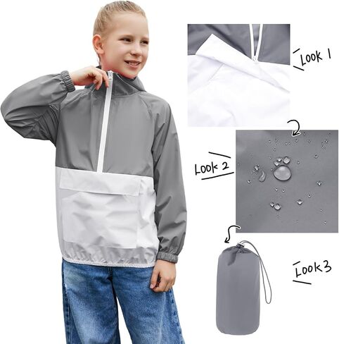 MODAFANS Girls Boys Rain Jacket Lightweight Waterproof Packable Hooded Half zip RainCoats Windbreaker for Outdoor 4-13Year in Kuwait