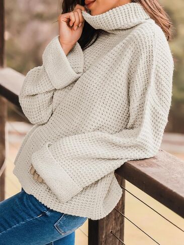 CUPSHE Women Turtleneck Sweater Chunky Knit Casual Tops Long Sleeves Rolled Cuffs Sweaters in Saudi Arabia