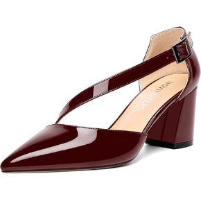 MOVINSTEPS Womens Pointed Toe Formal Thick Office Patent D'Orsay Adjustable Strap Buckle Dress Block Mid Heel Pumps Shoes 2.5 Inch