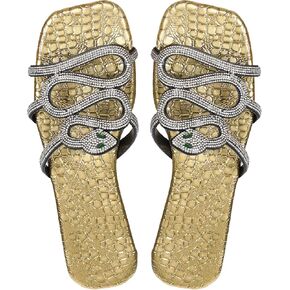 Women's Snake Embossed Rhinestone Sparkly Flat Sandals Casual Open Toe Slippers
