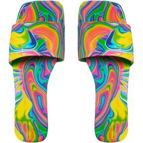 GORGLITTER Women's PU Leather Dressy Flat Sandals Square Open Toe Sandals Summer Beach Slides Cadet Blue 8