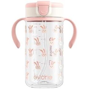 Evorie Tritan Toddler Sippy Cup with Silicone Straw, Spill-Proof Straw Water Bottle for Kids 1-4 Years Old, 10 oz, Removable Handles, Ideal for School（ Pink Rabbit）