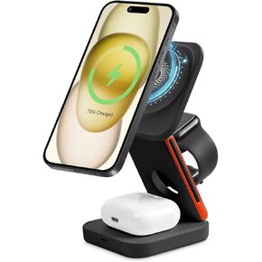 EFAITHFIX 3 in 1 Wireless Charging Station Foldable Fast Wireless Charger Magnetic Wireless Charging Stand for iPhone 15 14 13 12 Pro Max for Apple Watch 9 8 7 6 5 4 3 2 SE for AirPods 3 2 Pro (White)