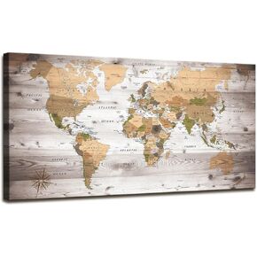 World Map Wall Art for Office Vintage Wood Grain World Map Poster Canvas Prints With Your Photos Nautical Decor Modern Framed Art Map of The World Wall Art for Living Room Travel Memory Home Decor