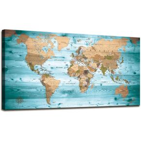 World Map Wall Art for Office Vintage Wood Grain World Map Poster Canvas Prints With Your Photos Nautical Decor Modern Framed Art Map of The World Wall Art for Living Room Travel Memory Home Decor
