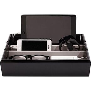 Tech Tray Luxury Personal Electronics Organizer, Designer Lacquered Wood Stand Display Stores and Charges Multiple Devices Including: Tablets, iPhone + iPad and Smart Watches, Black