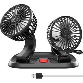 Wowok Car Fan for Rear Seat Passenger Dual Head USB Car Seat Fan for Backseat Kids, 360° Rotatable 3 Speeds Air Circulation Fan for Baby, USB Car Fan with Adjustable Clip for Vehicles SUV RV Vehicles