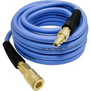 Hybrid Air Hose 3/8 in x 50 ft, 300 PSI Heavy Duty Air Compressor Hose with Quick Coupler and Plug Kit, Lightweight, Kink Resistant, All Weather Flexibility with Bend Restrictors, Blue
