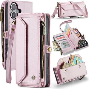for iPhone 16 Plus Case, Women Men Multi-Function Wallet Case with Stand RFID Blocking Featuring Magnetic Closure Zipper Includes Shoulder Strap Wrist Strap (Red)