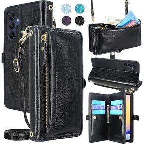 Lacass for Samsung Galaxy A25 5G Case Wallet,[Cards Theft Scan Protection] Card Holder Zipper Leather Flip Cover Crossbody Wrist Strap with Stand for Galaxy A25 Phone case(Floral Dark Purple)