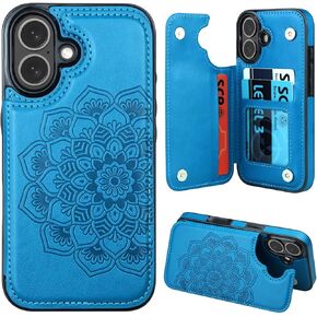 MMHUO for iPhone 16 Case with Card Holder, Flower Magnetic Clasp Flip Case for iPhone 16 Wallet Case for Women, Protective Case Phone Case for iPhone 16 (6.1 Inch),Mint