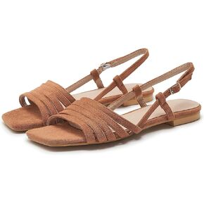 Women's Slingback Flats Sandals Open Square Toe Adjustable Ankle Strap Gladiator Flat-Sandal Summer Dresssy Cute Low Heel Shoes