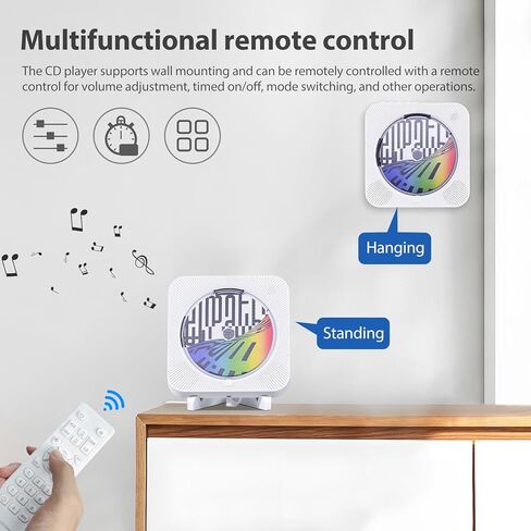 مشغل أقراص مضغوطة محمول يعمل بتقنية البلوتوث مع مكبرات صوت ستيريو هاي فاي للمنزل، مشغل أقراص مضغوطة قابل لإعادة الشحن مع شاشة LED وجهاز تحكم عن بعد، يدعم راديو CD/FM/بطاقة USB/بطاقة TF/AUX/مؤقت، أبيض. in Kuwait