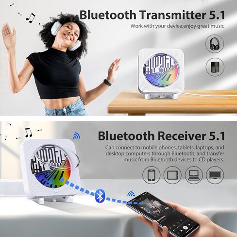 مشغل أقراص مضغوطة محمول يعمل بتقنية البلوتوث مع مكبرات صوت ستيريو هاي فاي للمنزل، مشغل أقراص مضغوطة قابل لإعادة الشحن مع شاشة LED وجهاز تحكم عن بعد، يدعم راديو CD/FM/بطاقة USB/بطاقة TF/AUX/مؤقت، أبيض. in Kuwait