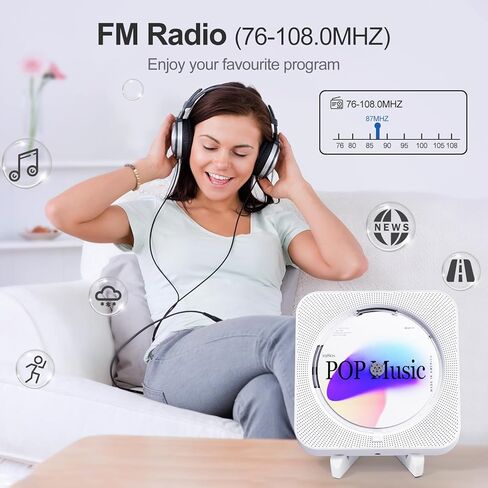 مشغل أقراص مضغوطة محمول يعمل بتقنية البلوتوث مع مكبرات صوت ستيريو هاي فاي للمنزل، مشغل أقراص مضغوطة قابل لإعادة الشحن مع شاشة LED وجهاز تحكم عن بعد، يدعم راديو CD/FM/بطاقة USB/بطاقة TF/AUX/مؤقت، أبيض. in Kuwait