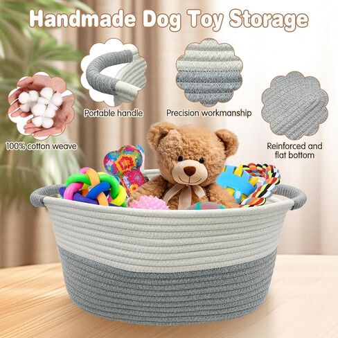 سلة لعبة الكلب المصنوعة من الحبال القطنية مع مقبض وصندوق تخزين ألعاب الجراء وصندوق تخزين صغير مستطيل الشكل لحفاضات الحيوانات الأليفة وسرير كيتي للحيوانات الأليفة مثالي لحمل ألعاب المضغ والبطانيات والمقاود وأشياء للكلاب، رمادي-S in Kuwait