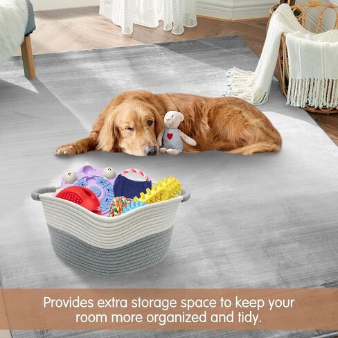 سلة لعبة الكلب المصنوعة من الحبال القطنية مع مقبض وصندوق تخزين ألعاب الجراء وصندوق تخزين صغير مستطيل الشكل لحفاضات الحيوانات الأليفة وسرير كيتي للحيوانات الأليفة مثالي لحمل ألعاب المضغ والبطانيات والمقاود وأشياء للكلاب، رمادي-S in Kuwait