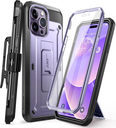 حافظة SUPCASE Unicorn Beetle Pro لهاتف iPhone 14 Pro 6.1 بوصة، مع واقي شاشة مدمج ومسند ومشبك حزام شديد التحمل (أسود) in Saudi Arabia