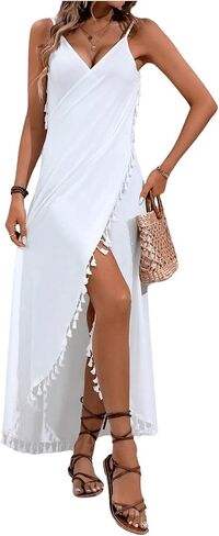 Milumia Women's Tassel Trim Wrap Beach Cover Up Long Dress Sleeveless Bikini Coverups Kmono in Saudi Arabia