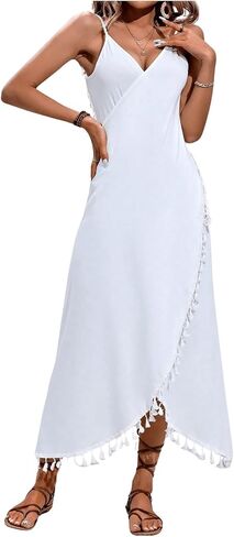 Milumia Women's Tassel Trim Wrap Beach Cover Up Long Dress Sleeveless Bikini Coverups Kmono in Saudi Arabia