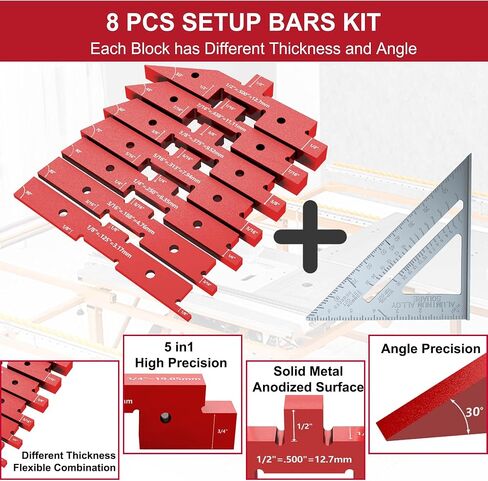8 Pcs Router Table Setup Bars, Precision Setup Blocks Height Gauge Set and Angle Woodworking Set Up for Router Table Saw Accessories and 7" Rafter Square, Aluminum in Saudi Arabia