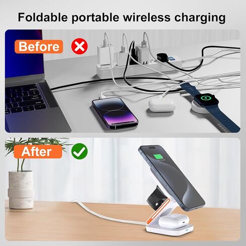 EFAITHFIX 3 in 1 Wireless Charging Station Foldable Fast Wireless Charger Magnetic Wireless Charging Stand for iPhone 15 14 13 12 Pro Max for Apple Watch 9 8 7 6 5 4 3 2 SE for AirPods 3 2 Pro (White) in Saudi Arabia