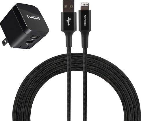 Philips Wall Charger Charging Kit, 2 Port, 12W, USB-A to Lightning Cable, for iPhone 12/11/Pro/Max/XS/XR/X/8, Ipad Pro, Samsung Galaxy S21/S10/S9/Plus, Google Pixel 5/C/3/2/XL, Black, DLP6212V/37 in Saudi Arabia