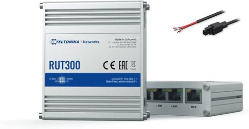 Teltonika RUT300000100 - RUT300 راوتر إيثرنت صناعي، مزود طاقة أمريكي، 5 RJ45، USB - مع كابل طاقة DC in Kuwait