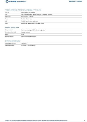 Teltonika RUT300000100 - RUT300 راوتر إيثرنت صناعي، مزود طاقة أمريكي، 5 RJ45، USB - مع كابل طاقة DC in Kuwait